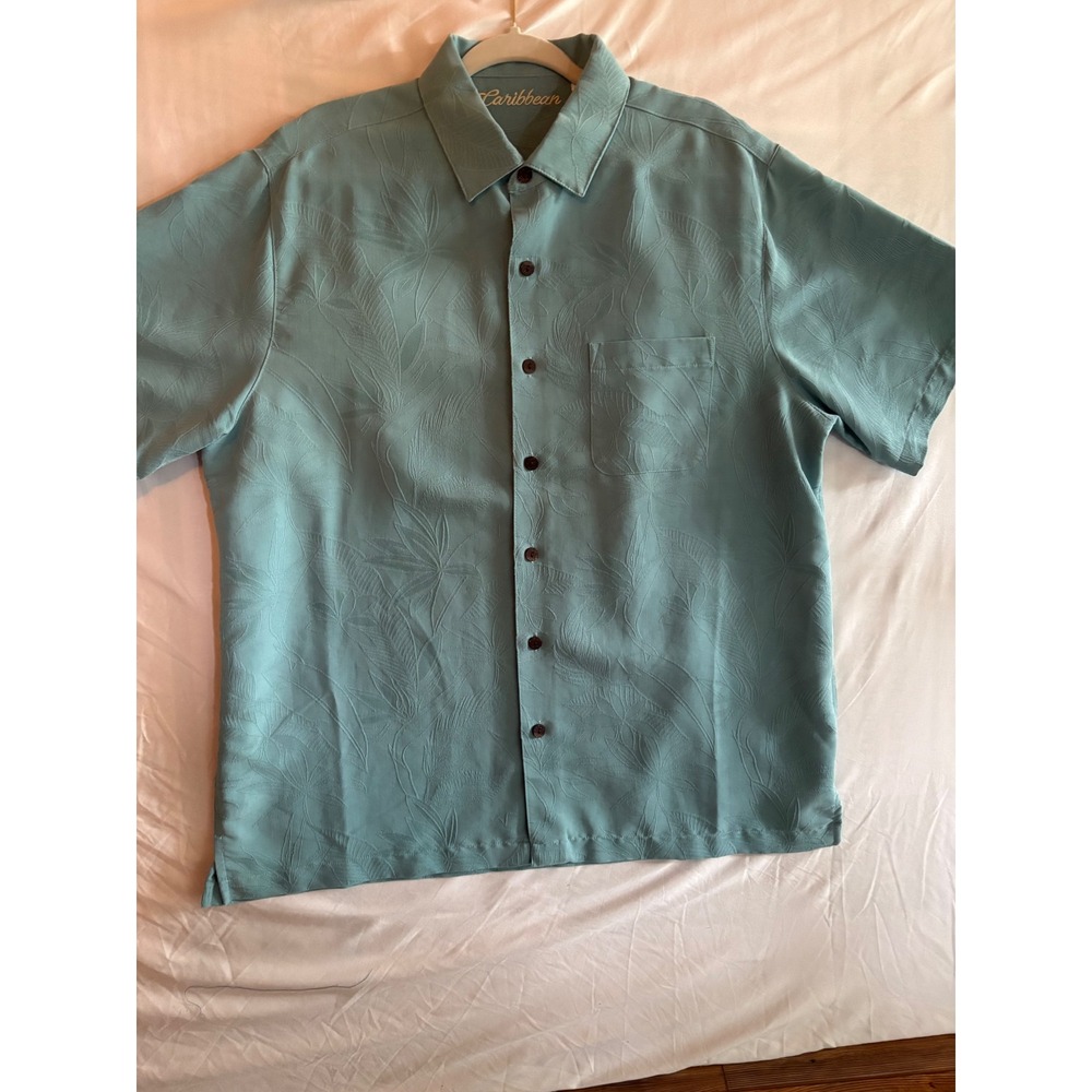 Caribbean Mens XL Teal Blue Jacquard Palm Leaf Short Sleeve Button Down Shirt